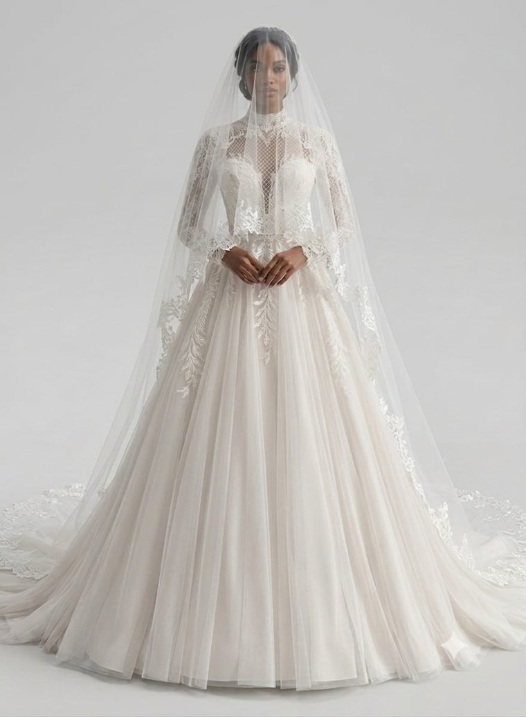 A lace ball gown with a high neck and a tiered cathedral veil