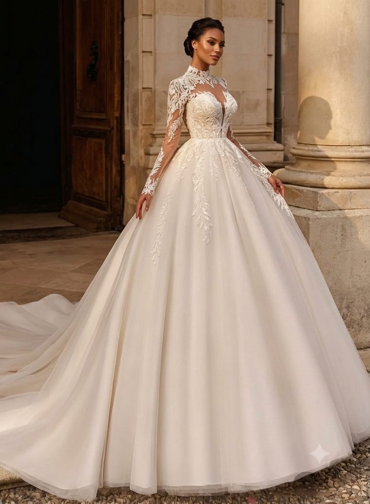 A lace ball gown with long illusion sleeves and a high collar