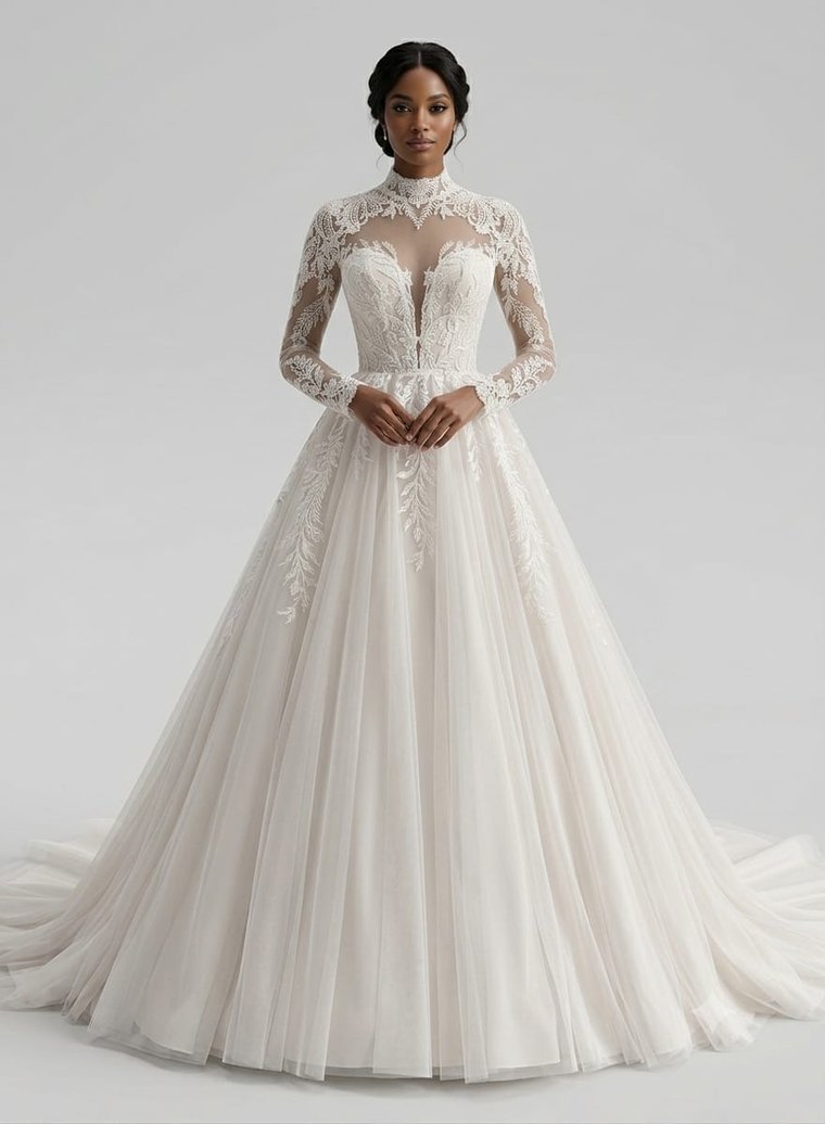 A tulle ball gown with leaf lace appliqué and a sheer yoke
